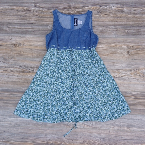 All That Jazz Dresses | Vintage Denim Jean Floral Flowy Woven Tie Dress | Color: Blue/Green | Size: 9/10 | Stashesofashes's Closet